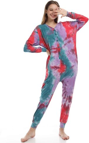 Lifeye Womens Onesie Pajamas Romper Sleepwear Set Tie Dye Long Sleeve Jumpsuit Homewear with Drop Seat Butt Flap in Saudi Arabia
