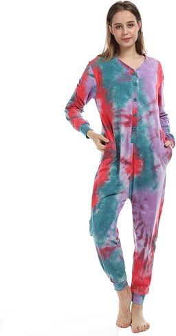 Lifeye Womens Onesie Pajamas Romper Sleepwear Set Tie Dye Long Sleeve Jumpsuit Homewear with Drop Seat Butt Flap in Saudi Arabia