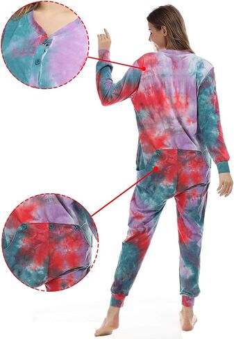 Lifeye Womens Onesie Pajamas Romper Sleepwear Set Tie Dye Long Sleeve Jumpsuit Homewear with Drop Seat Butt Flap in Saudi Arabia