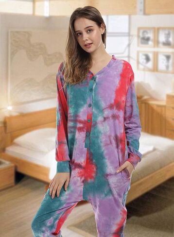 Lifeye Womens Onesie Pajamas Romper Sleepwear Set Tie Dye Long Sleeve Jumpsuit Homewear with Drop Seat Butt Flap in Saudi Arabia