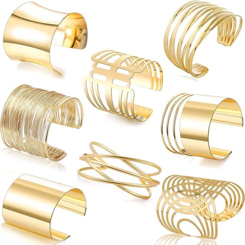 EIELO 8 قطع سوار ذهبي للنساء مفتوح واسع سلك أساور ذهبية سوار معصم قابل للتعديل in Kuwait