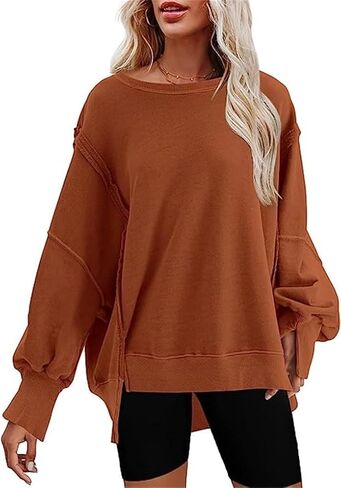 Fronage Women Oversized Sweatshirts Crewneck Side Slit Pullover Long Sleeve Casual Tops in Kuwait