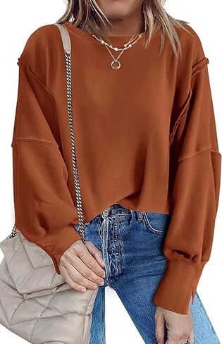 Fronage Women Oversized Sweatshirts Crewneck Side Slit Pullover Long Sleeve Casual Tops in Kuwait