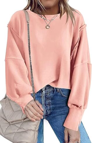Fronage Women Oversized Sweatshirts Crewneck Side Slit Pullover Long Sleeve Casual Tops in Kuwait