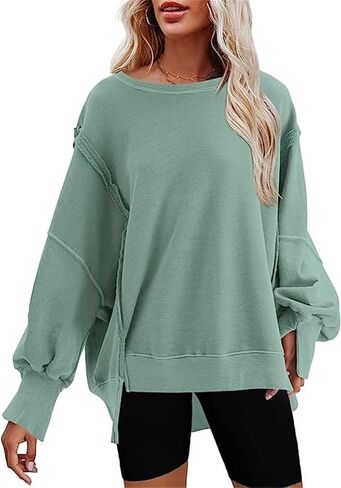 Fronage Women Oversized Sweatshirts Crewneck Side Slit Pullover Long Sleeve Casual Tops in Kuwait