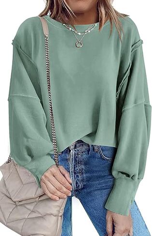 Fronage Women Oversized Sweatshirts Crewneck Side Slit Pullover Long Sleeve Casual Tops in Kuwait