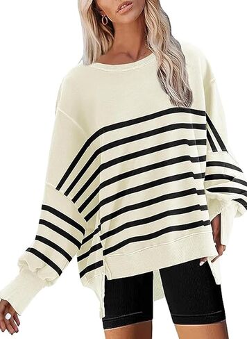 Fronage Women Oversized Sweatshirts Crewneck Side Slit Pullover Long Sleeve Casual Tops in Kuwait