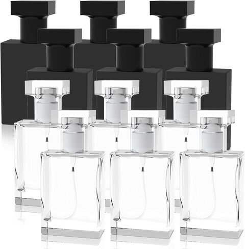 Foraineam 12 Pack 30ml / 1 oz. Refillable Perfume Bottle, Portable Square Empty Glass Perfume Atomizer Bottle with Spray Applicator, Transparent and Black Assorted in Saudi Arabia