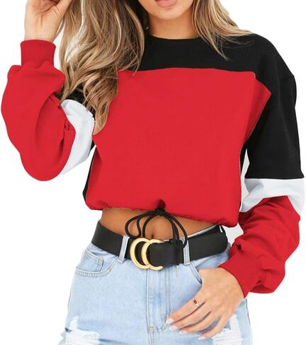 WEEPINLEE Women's Casual Long Sleeve Round Neck 3 Color Stitching Hem Lace Up Crop Sweatshirts in Kuwait