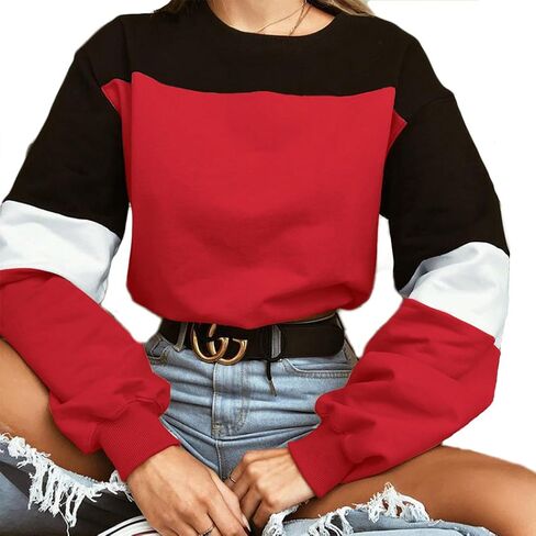 WEEPINLEE Women's Casual Long Sleeve Round Neck 3 Color Stitching Hem Lace Up Crop Sweatshirts in Kuwait