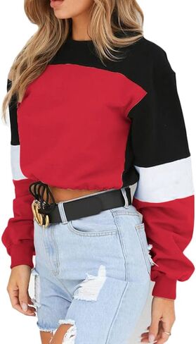 WEEPINLEE Women's Casual Long Sleeve Round Neck 3 Color Stitching Hem Lace Up Crop Sweatshirts in Kuwait