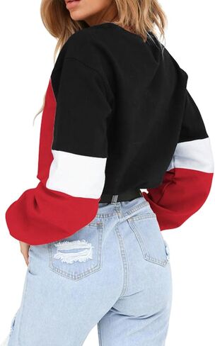 WEEPINLEE Women's Casual Long Sleeve Round Neck 3 Color Stitching Hem Lace Up Crop Sweatshirts in Kuwait