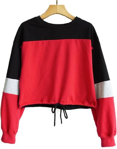 WEEPINLEE Women's Casual Long Sleeve Round Neck 3 Color Stitching Hem Lace Up Crop Sweatshirts in Kuwait