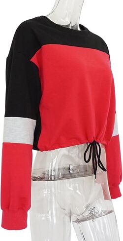 WEEPINLEE Women's Casual Long Sleeve Round Neck 3 Color Stitching Hem Lace Up Crop Sweatshirts in Kuwait