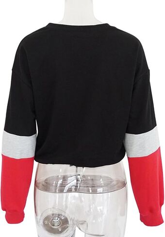 WEEPINLEE Women's Casual Long Sleeve Round Neck 3 Color Stitching Hem Lace Up Crop Sweatshirts in Kuwait