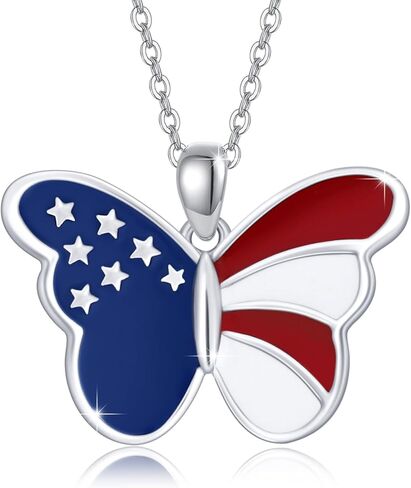 PCTJYFU قلادة العلم الأمريكي 925 فضة فراشة قلادة للنساء 4th من يوليو مجوهرات وطنية للفتيات in Kuwait