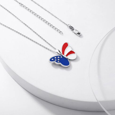 PCTJYFU قلادة العلم الأمريكي 925 فضة فراشة قلادة للنساء 4th من يوليو مجوهرات وطنية للفتيات in Kuwait