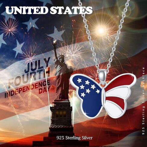PCTJYFU قلادة العلم الأمريكي 925 فضة فراشة قلادة للنساء 4th من يوليو مجوهرات وطنية للفتيات in Kuwait