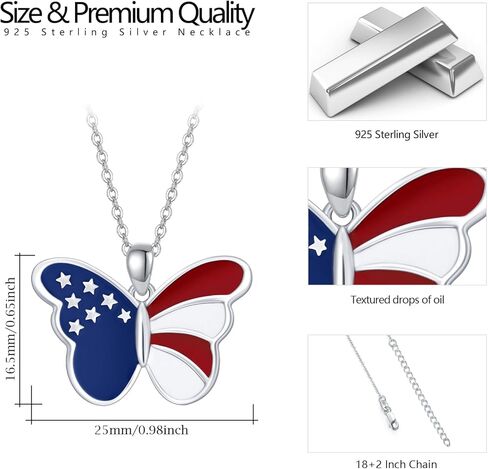 PCTJYFU قلادة العلم الأمريكي 925 فضة فراشة قلادة للنساء 4th من يوليو مجوهرات وطنية للفتيات in Kuwait