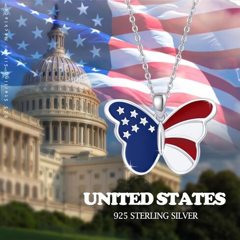 PCTJYFU قلادة العلم الأمريكي 925 فضة فراشة قلادة للنساء 4th من يوليو مجوهرات وطنية للفتيات in Kuwait