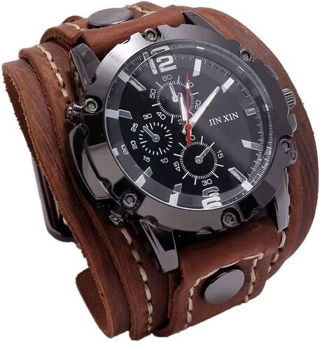 MINILUJIA Handmade Men Watches Vintage Punk Hip-hop Gothic Wide PU Leather Fashion Cuff Round Dial Quartz Wristwatch Big Dial Black Brown in Saudi Arabia