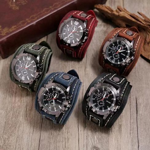 MINILUJIA Handmade Men Watches Vintage Punk Hip-hop Gothic Wide PU Leather Fashion Cuff Round Dial Quartz Wristwatch Big Dial Black Brown in Saudi Arabia