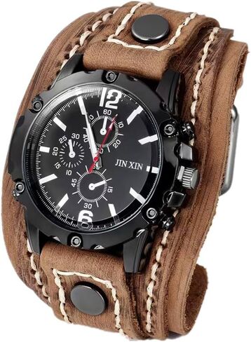 MINILUJIA Handmade Men Watches Vintage Punk Hip-hop Gothic Wide PU Leather Fashion Cuff Round Dial Quartz Wristwatch Big Dial Black Brown in Saudi Arabia