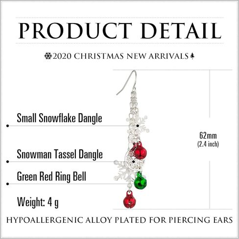 RareLove Three Layered Christmas Ring Bell Piercing Dangle Earrings Snowman Snowflake Silver Plated Alloy Holiday Jewelry For Women Girls in Kuwait