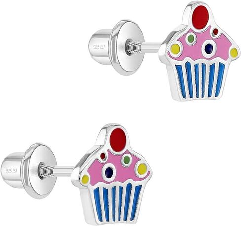 925 Sterling Silver Enamel Cupcake Screw Back Earrings for Young Girls and Pre-teens - Cupcake Girl Studs for Daily Use - Small Stud Earrings for Girls - Hypoallergenic and Lightweight Earrings in Saudi Arabia