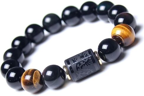 Rankui Beaded Bracelets for Men women Handmade Natural Black Obsidian Onyx Tiger Eye Stone Beads Elastic Bracelets 12mm Dragon or 10mm phoenix bracelet in Saudi Arabia