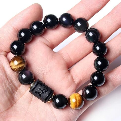 Rankui Beaded Bracelets for Men women Handmade Natural Black Obsidian Onyx Tiger Eye Stone Beads Elastic Bracelets 12mm Dragon or 10mm phoenix bracelet in Saudi Arabia