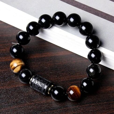 Rankui Beaded Bracelets for Men women Handmade Natural Black Obsidian Onyx Tiger Eye Stone Beads Elastic Bracelets 12mm Dragon or 10mm phoenix bracelet in Saudi Arabia