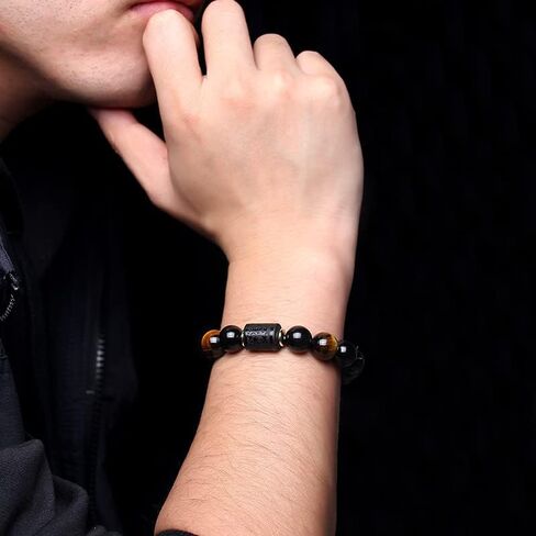 Rankui Beaded Bracelets for Men women Handmade Natural Black Obsidian Onyx Tiger Eye Stone Beads Elastic Bracelets 12mm Dragon or 10mm phoenix bracelet in Saudi Arabia