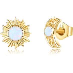 14K Solid Gold Cow/Moon and Sun Earrings Opal Earrings Stud Real Gold Jewelry Gifts for Daughter Sister