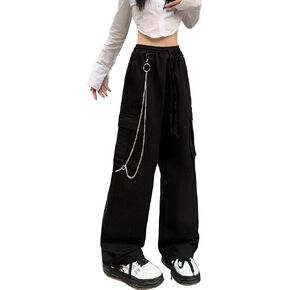 Linsennia Y2k Cargo Pants Women with Pockets Relaxed Fit Streetwear Wide Leg Parachute Pants with Chain for Girl