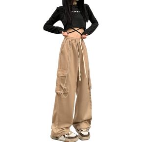 Linsennia Y2k Cargo Pants Women with Pockets Relaxed Fit Streetwear Wide Leg Parachute Pants with Chain for Girl