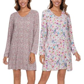 Kabento 2 Pack Long Sleeve Nightgowns for Women Soft Cotton Nightshirts Sleep Dress