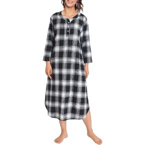 Latuza Women's Plaid Flannel Nightgown Warm Cotton Midi Nightgown
