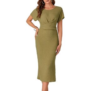 Umenlele Women's Twist Knot Side Split Hem Tie Waist Back Crewneck Short Sleeve Midi Pencil Dress in Saudi Arabia