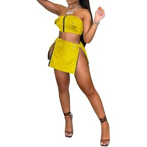 Aotasely Women's 2 Piece Zipper Faux Leather Dresses Sexy Bodycon Tube Crop Top Mini Skirt Sets with Metal Button Belt in Kuwait
