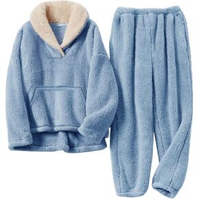 PEHMEA Women's Fluffy Fleece Pajamas Set Winter 2 Piece Plush Pullover and Pants Loungewear Sleepwear