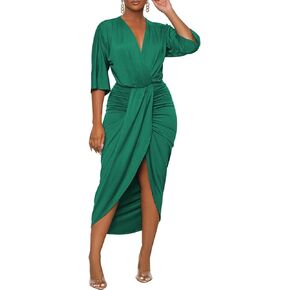 فستان نسائي أنيق من NADIA FRACA بأكمام قصيرة وفتحة رقبة على شكل V فستان طويل مكشكش وفتحة أمامية مكشكشة فستان متوسط ​​الطول بثنيات in Kuwait