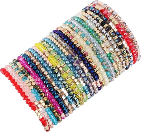 JEWPARK 26 قطعة بوهو أساور مطرزة مرنة للنساء ملونة قابلة للتكديس سباركلي خرز كريستالي أساور متعددة الطبقات بيان أساور تمتد الكفة مجوهرات هدايا in Kuwait