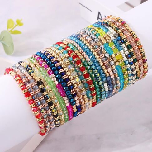 JEWPARK 26 قطعة بوهو أساور مطرزة مرنة للنساء ملونة قابلة للتكديس سباركلي خرز كريستالي أساور متعددة الطبقات بيان أساور تمتد الكفة مجوهرات هدايا in Kuwait