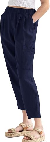 LYANER Women's Casual Elastic Waist Straight Pants Trousers with Pockets in Kuwait