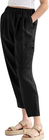 LYANER Women's Casual Elastic Waist Straight Pants Trousers with Pockets in Kuwait