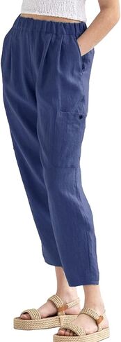 LYANER Women's Casual Elastic Waist Straight Pants Trousers with Pockets in Kuwait