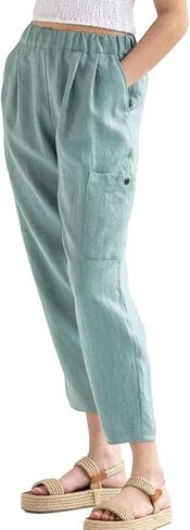 LYANER Women's Casual Elastic Waist Straight Pants Trousers with Pockets in Kuwait