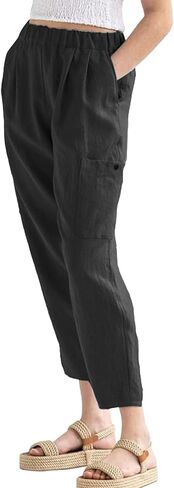 LYANER Women's Casual Elastic Waist Straight Pants Trousers with Pockets in Kuwait