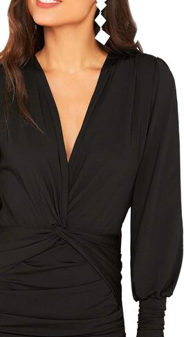 SweatyRocks Women's Deep V Neck Twist Front Ruched Long Sleeve Mini Bodycon Dress in Saudi Arabia